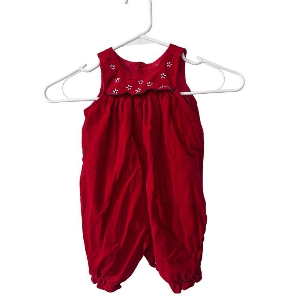 Tiny Tots Soft Velvet Embroidered Floral Sleeveless Romper Overalls Red Size 6-9